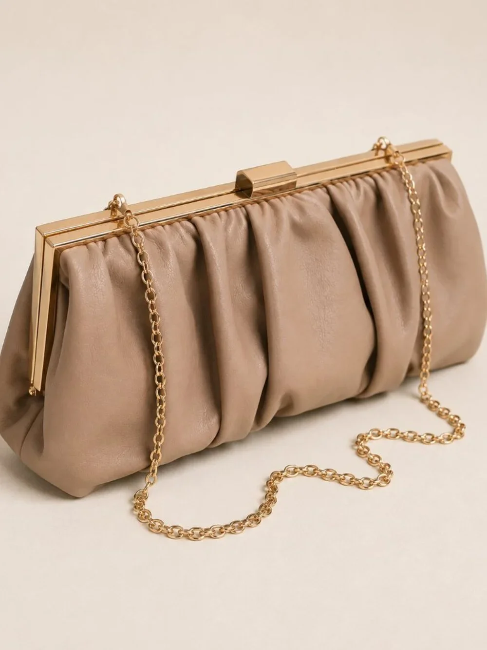 Jessica McClintock Taupe Ruched Clutch Gold Chain Evening Bag